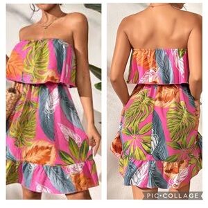 Bright Pink Floral Tropical Strapless Dress Popover Top Ruffle Hem Womens Sz L
